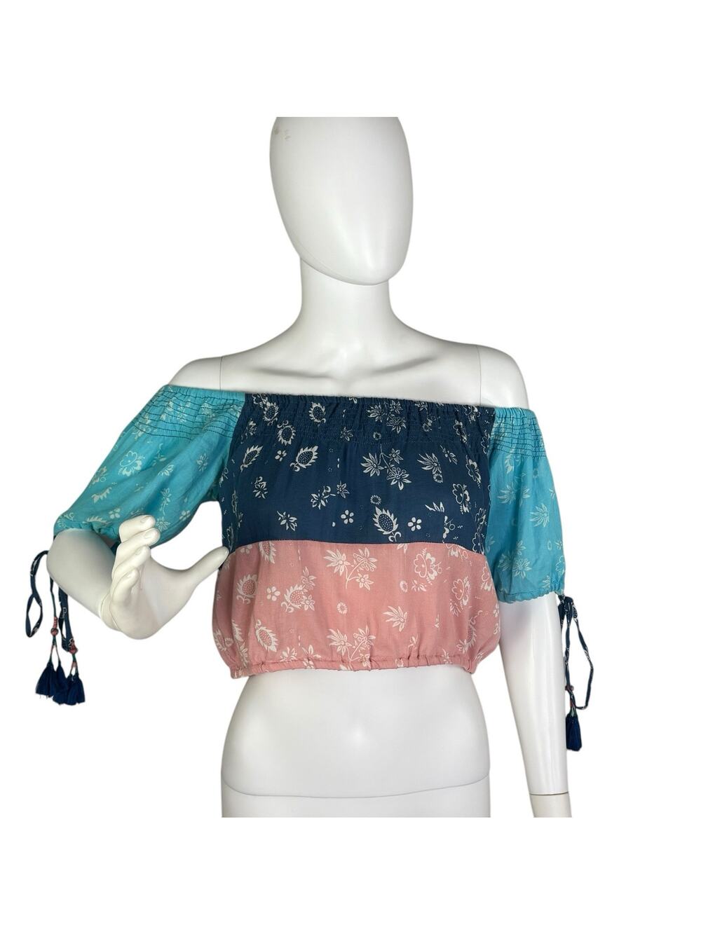 Anthropologie KOPAL Size M Off The Shoulder Patchwork Crop Top Cotton 70s Gypsy